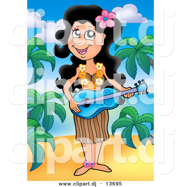 Cartoon Clipart of a Hawaiian Woman Playing Music on a Beach