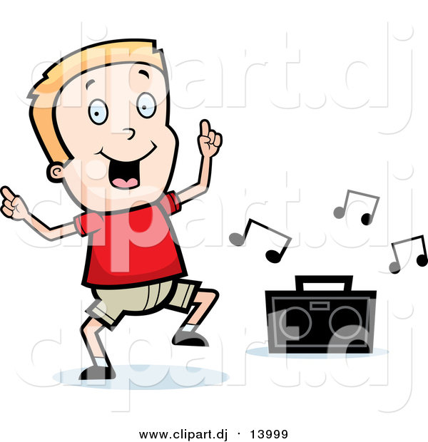 Cartoon Vector Clipart of a Blond White Boy Dancing to Music