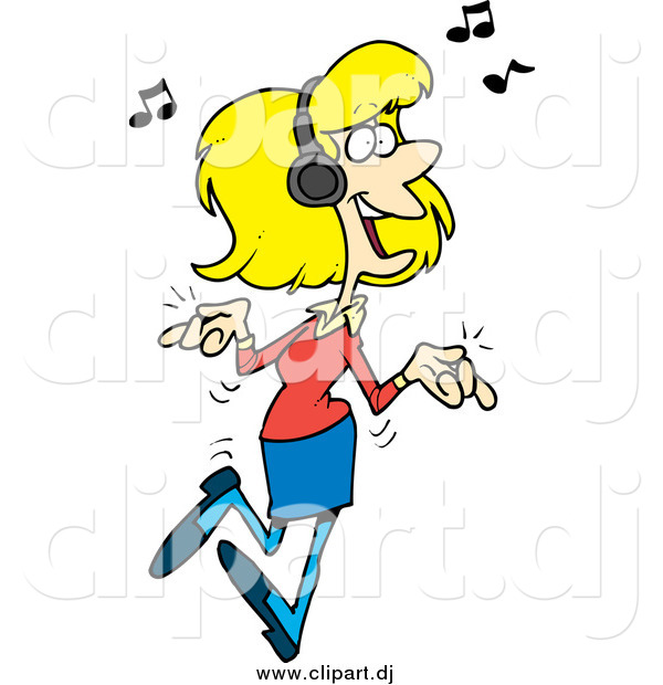 Cartoon Vector Clipart of a Blond White Woman Dancing and Listening to Music
