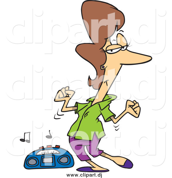 Cartoon Vector Clipart of a Cartoon Brunette Woman Dancing by a Radio