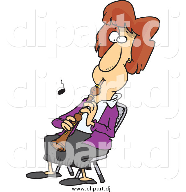 Cartoon Vector Clipart of a Cartoon Brunette Woman Sitting and Playing an Oboe