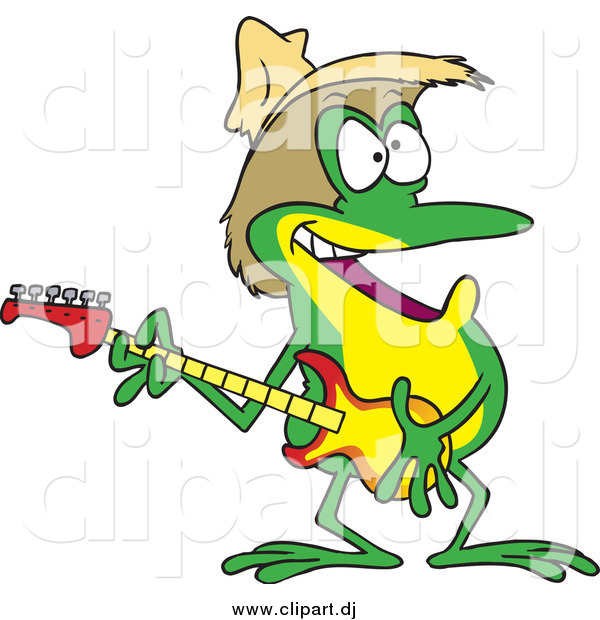 Cartoon Vector Clipart of a Cartoon Happy Hillbilly Guitarist Frog Wearing a Straw Hat