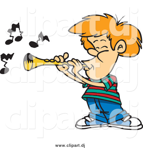 Cartoon Vector Clipart of a Cartoon White Boy Playing a Clarinet