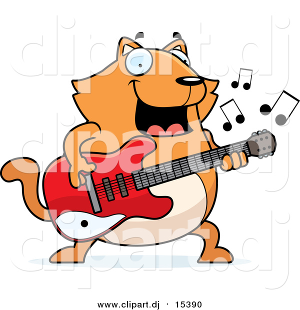 Cartoon Vector Clipart of a Chubby Ginger Cat Guitarist
