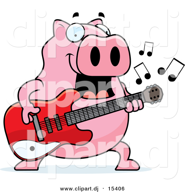 Cartoon Vector Clipart of a Chubby Pig Guitarist Playing a Song