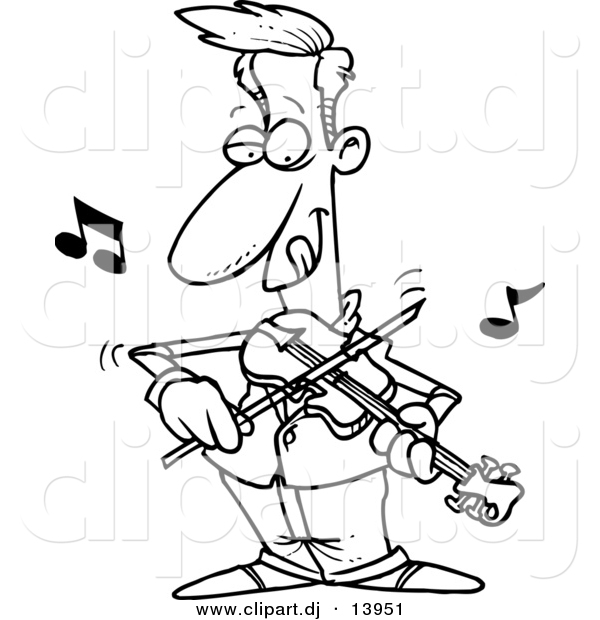 Cartoon Vector Clipart of a Confident Guy Playing Violin - Coloring Page Outline - Black and White