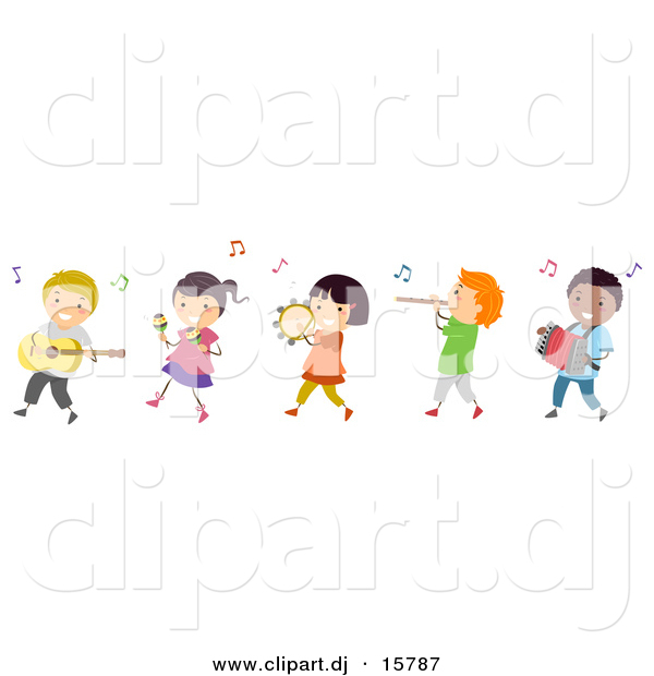 Cartoon Vector Clipart of a Diverse Line of Happy Children Playing Music in a Band