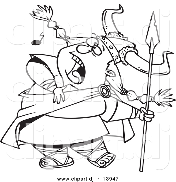 Cartoon Vector Clipart of a Female Viking Singing a Song While Holding a Spear - Coloring Page Outline - Black and White
