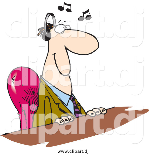 Cartoon Vector Clipart of a Happy Caucasian Businessman Listening to Music at His Desk