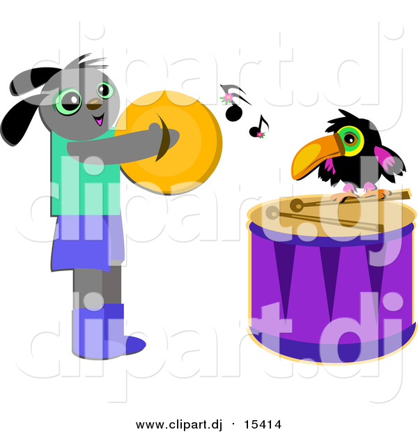 Cartoon Vector Clipart of a Happy Dog and Toucan Playing Cymbols and Drums