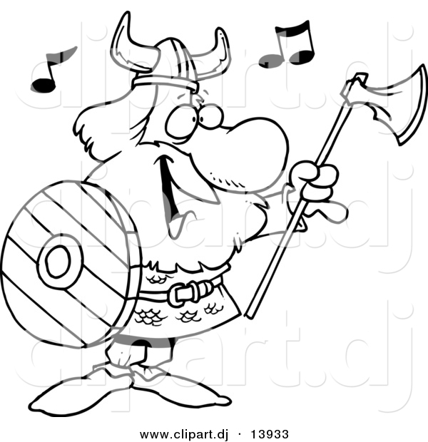 Cartoon Vector Clipart of a Happy Singing Viking with Ax and Shield - Coloring Page Outline - Black and White