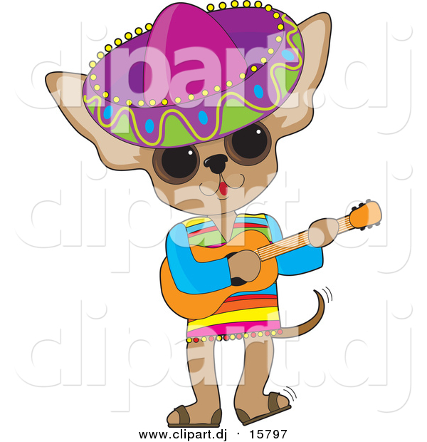 Cartoon Vector Clipart of a Mexican Chihuahua Wearing a Sombrero and Playing a Guitar