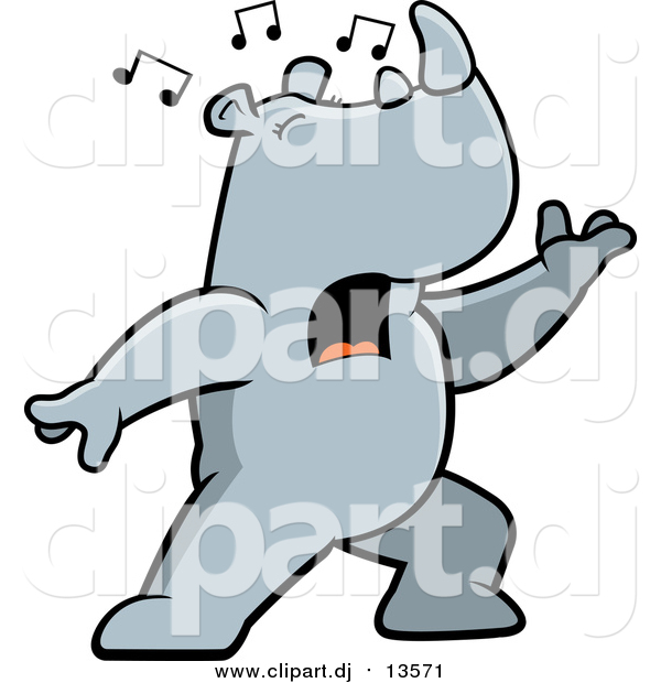 Cartoon Vector Clipart of a Musical Rhino Singing and Lunging Forward