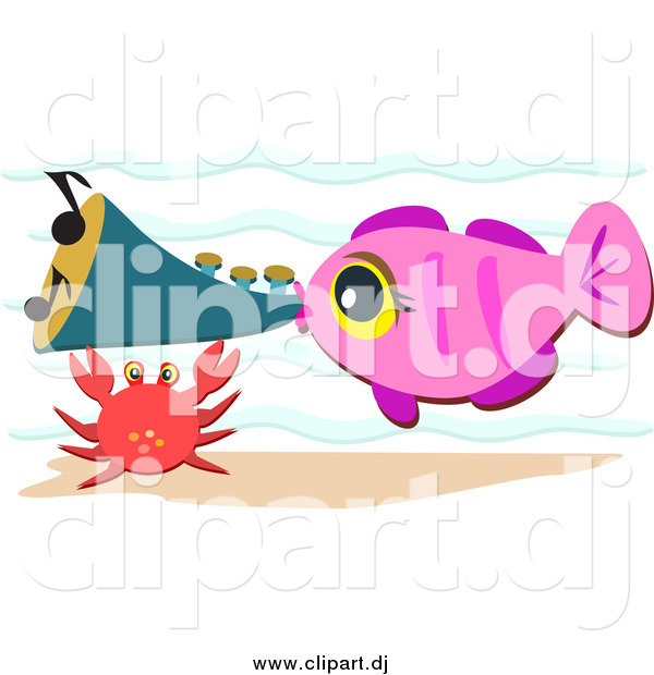 Cartoon Vector Clipart of a Pink Fish Blowing a Horn by a Crab