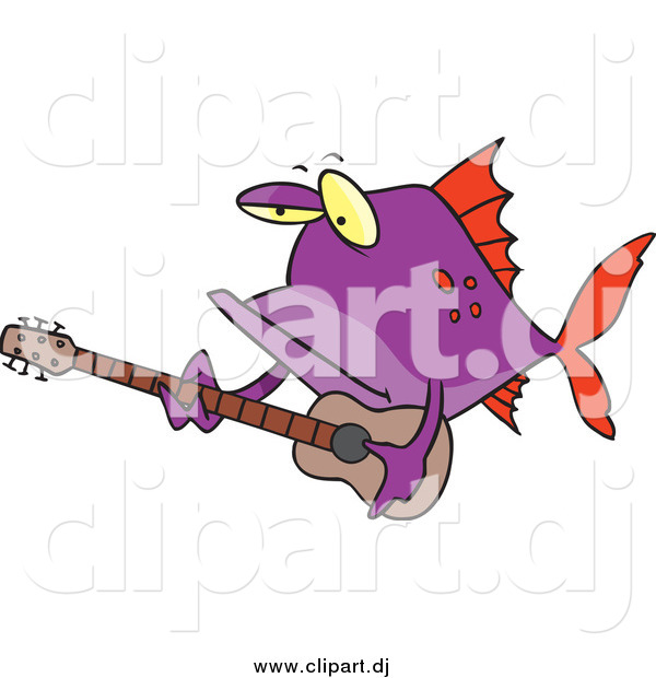 Cartoon Vector Clipart of a Purple Fish Playing a Guitar
