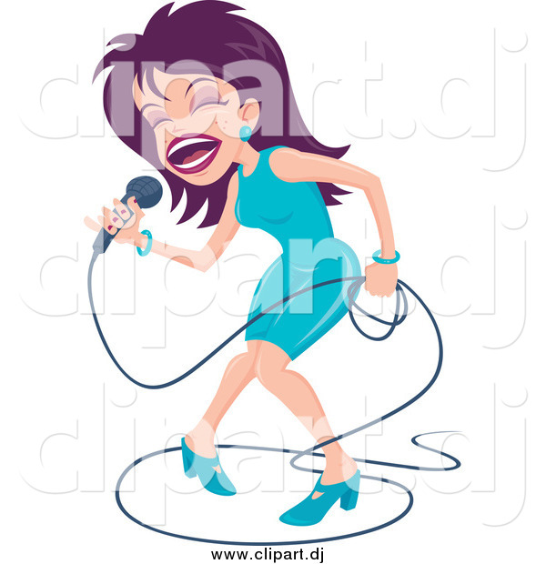 Cartoon Vector Clipart of a Purple Haired Female Singer Dancing on Stage