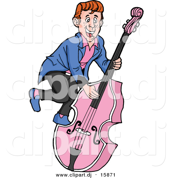 Cartoon Vector Clipart of a Rockabilly Musician Man Playing a Pink Bass