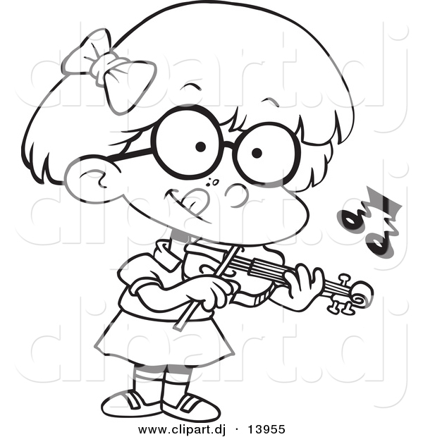 Cartoon Vector Clipart of a School Girl Playing Violin - Coloring Page Outline - Black and White