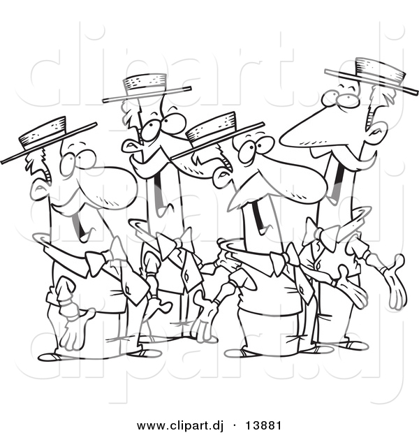 Cartoon Vector Clipart of a Singing Guys Quartet - Coloring Page Outline - Black and White