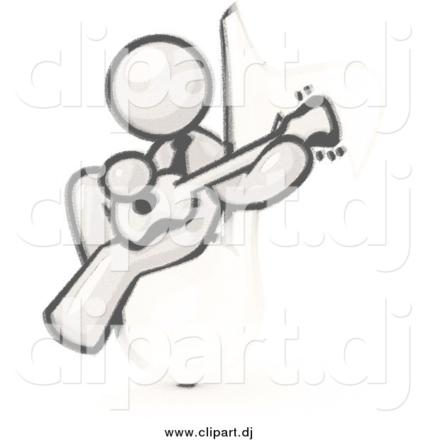 Cartoon Vector Clipart of a Sketched Man Sitting on a Music Note and Playing a Guitar