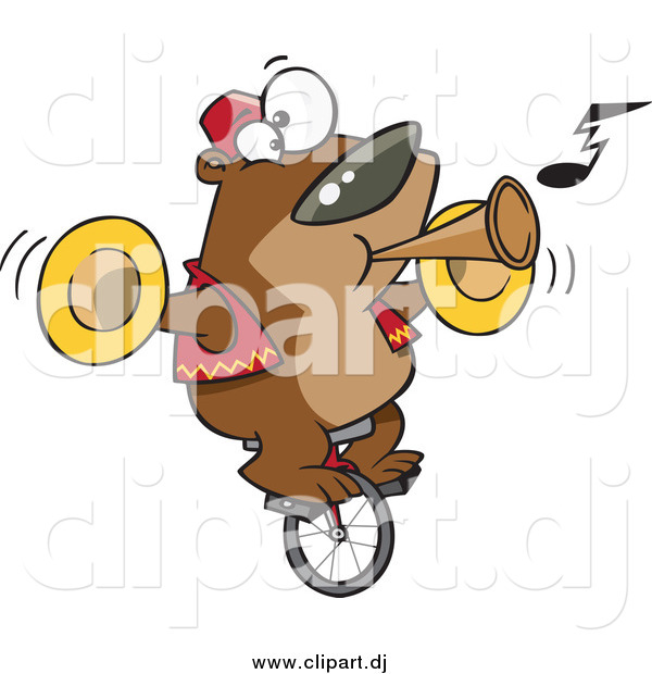 Cartoon Vector Clipart of a Talented Bear Playing Music and Riding a Unicycle