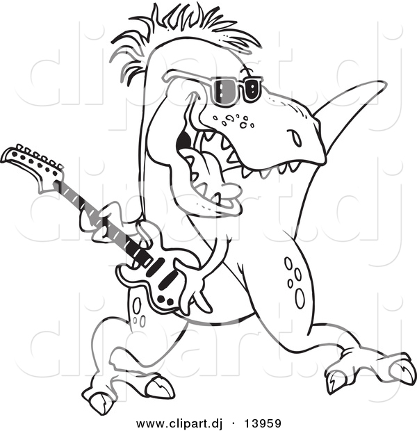 Cartoon Vector Clipart of a T-Rex Dinosaur Playing Guitar - Coloring Page Outline - Black and White