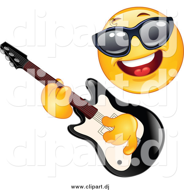 Cartoon Vector Clipart of a Yellow Emoticon Rock Star Playing a Guitar