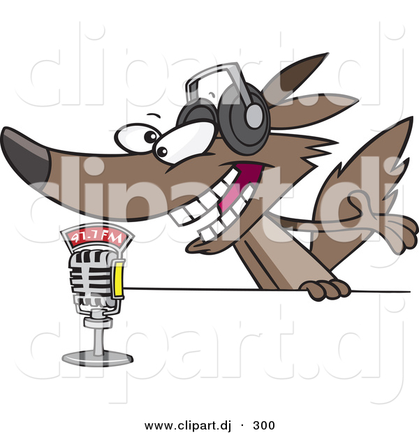Cartoon Vector Clipart of an Excited Radio Wolf Talking into a Microphone