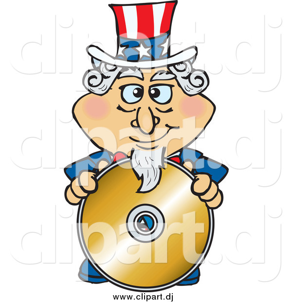 Cartoon Vector Clipart of Uncle Sam Standing Behind a Blank Gold CD