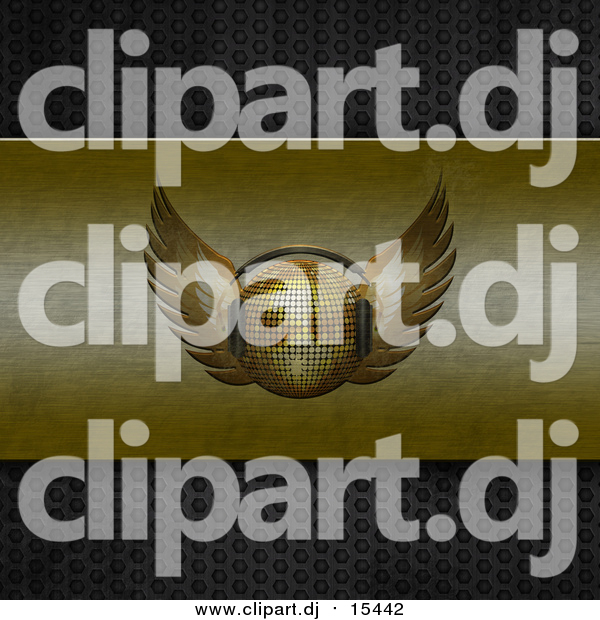 Clipart of a 3d Gold Winged Disco Ball Wearing Headphones on Brushed Gold on Perforated Metal