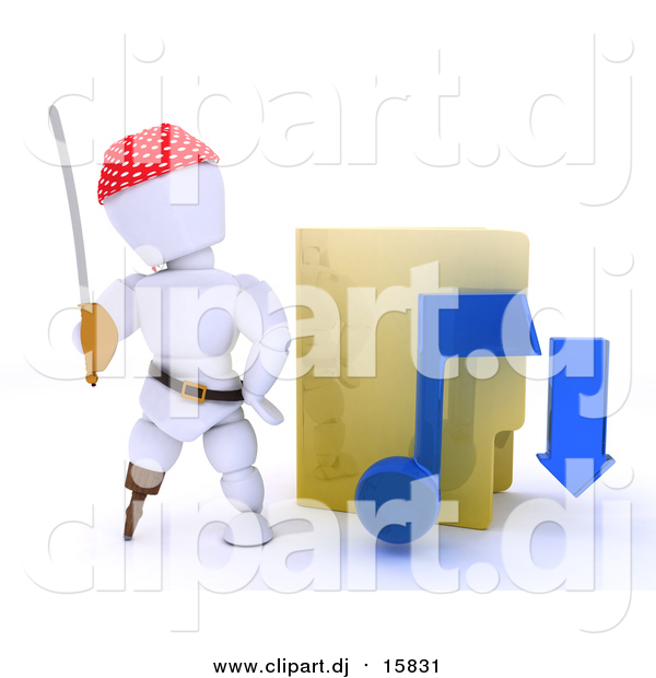 Clipart of a 3d Illegal Music Download Pirate Man by a Folder