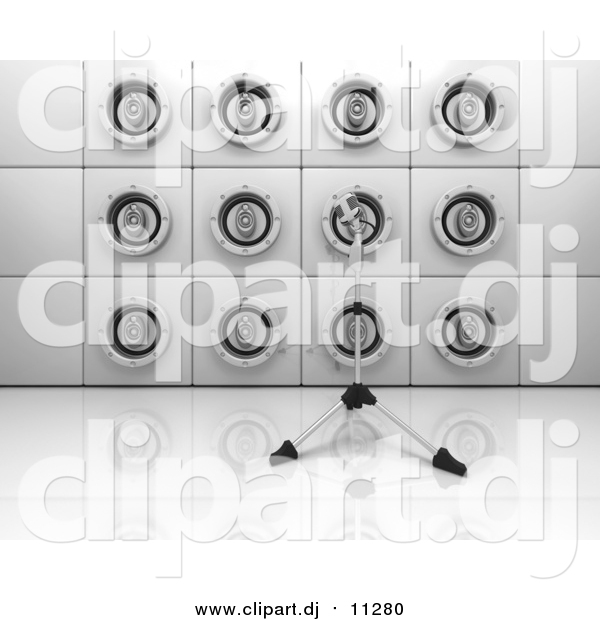 Clipart of a 3d Wall of Music Speakers and a Microphone on a Tripod