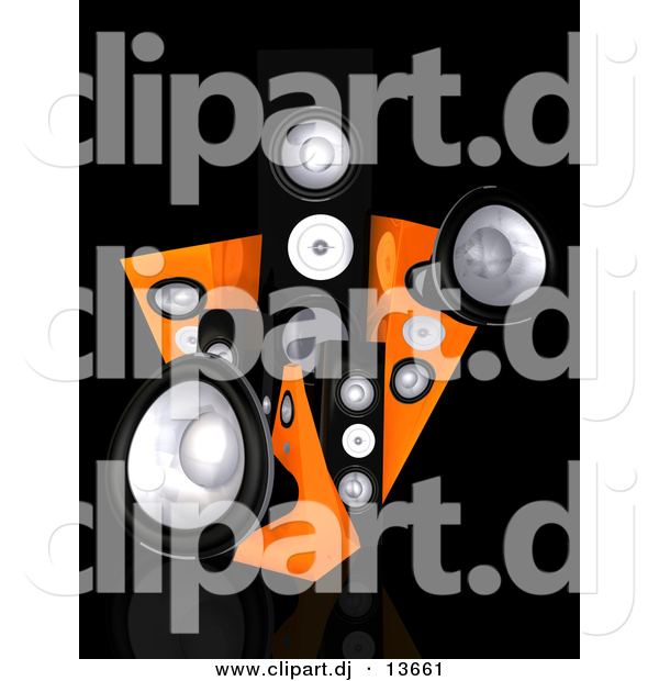 Clipart of a Black and Orange 3d Speaker Towers Against Black Background