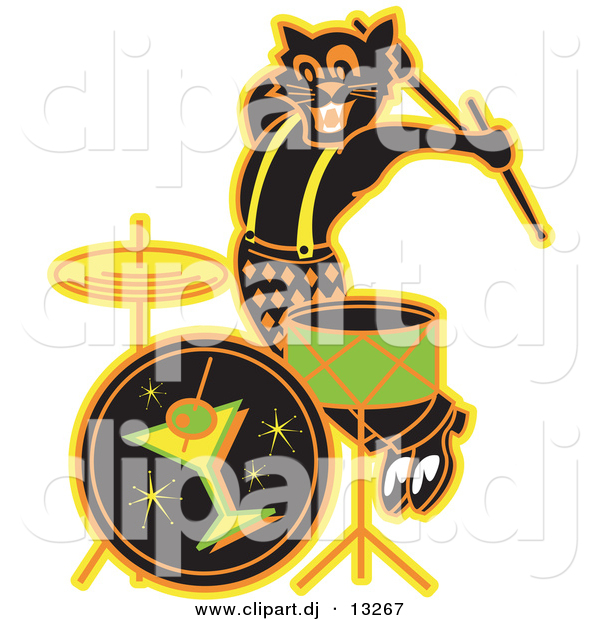 Clipart of a Black Cartoon Cat Playing Drums at a Bar