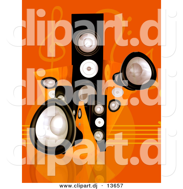 Clipart of a Black Speaker Towers Against Orange Music Notes Background