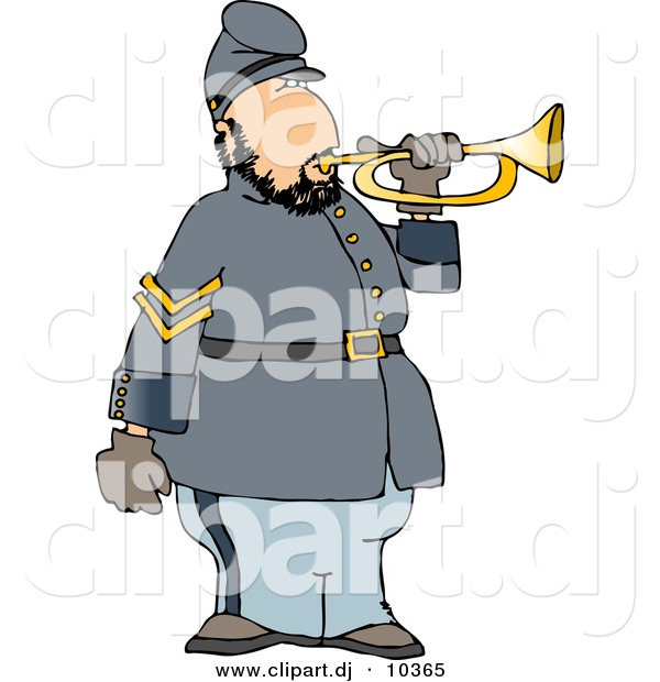 Clipart of a Cartoon American Civil War Soldier Playing Bugle Horn