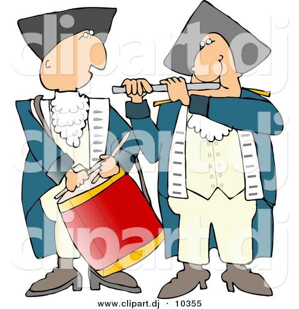 Clipart of a Cartoon American Revolutionary War Drummer Playing Beside a Flute Player