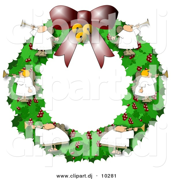 Clipart of a Cartoon Angels Decorated on Christmas Wreath