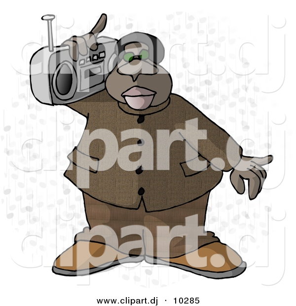 Clipart of a Cartoon Black Man Listening to Music with Portable Boombox Stereo over His Shoulder