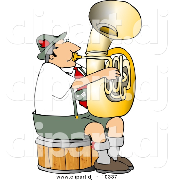 Clipart of a Cartoon German Man Playing Tuba While Sitting on Wood Seat