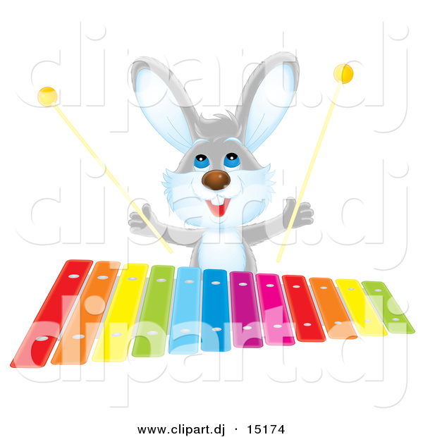 Clipart of a Cartoon Rabbit Playing Colorful Xylophone