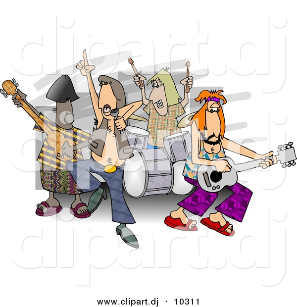 Clipart of a Cartoon Rock and Roll Band Playing Music