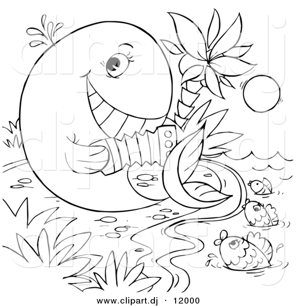 Clipart of a Cartoon Whale Playing an Accordion to Fish in the Sea - Outlined Coloring Page Art