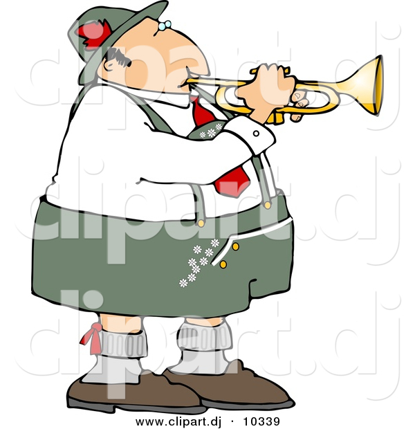 Clipart of a Catoon German Man Playing Trumpet