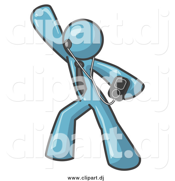 Clipart of a Denim Blue Man Dancing and Listening to Music