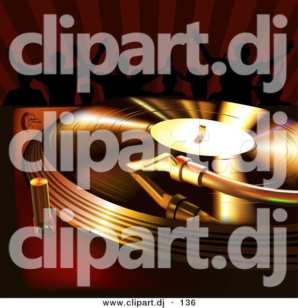 Clipart of a Golden Vinyl Record Spinning on a Turntable While People Dance in the Background