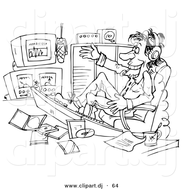 Clipart of a Happy Male Radio Personality at Work - Black and White Coloring Page Line Art