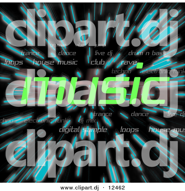 Clipart of Green Music Text over Zooming Blue Lines in Hyperspace Background