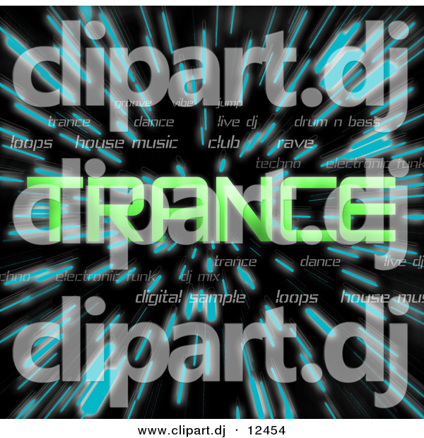 Clipart of Green Trance Text over Zooming Blue Lines in Hyperspace Background