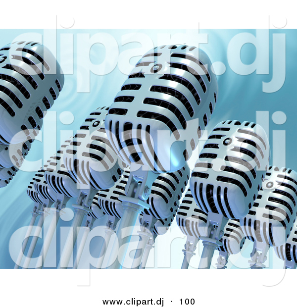 Clipart of Many 3d Retro Microphones over a Rippling Water Background
